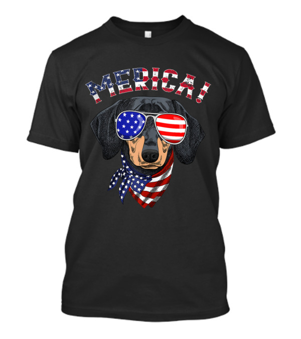 Merica Dachshund American Flag Sunglasses Bandana July 4th T-Shirt