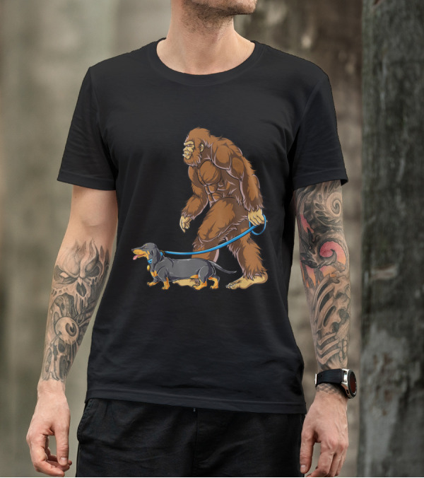 Bigfoot Dog Walk Dachshund Sasquatch Leash Stroll T-Shirt