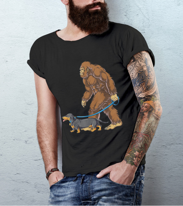 Bigfoot Dog Walk Dachshund Sasquatch Leash Stroll T-Shirt
