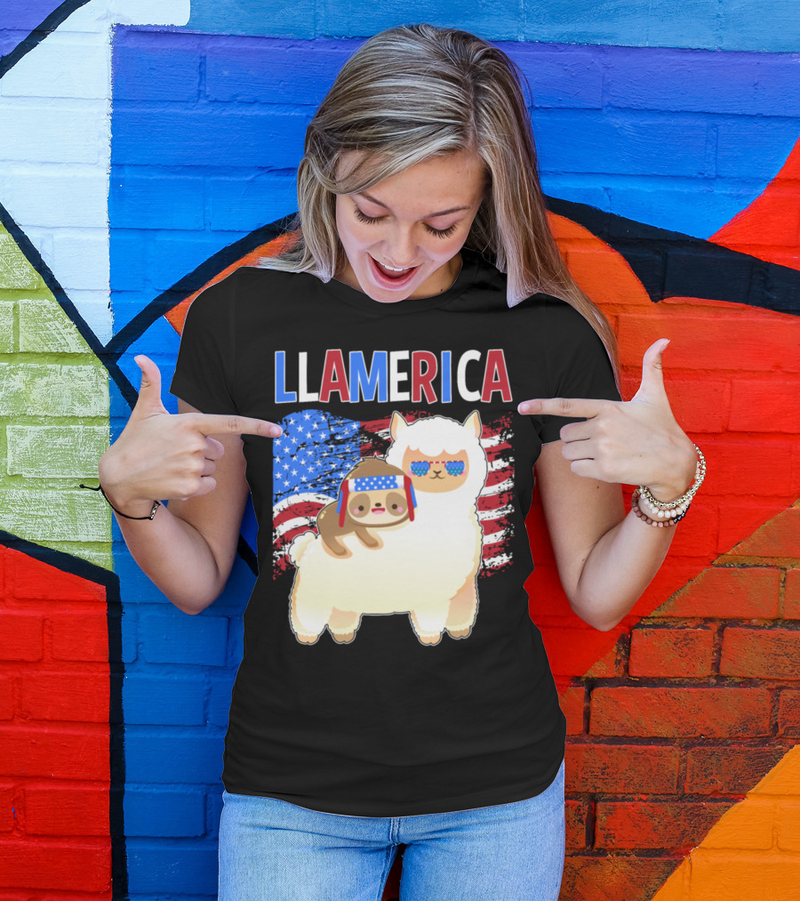 Llamerica Patriotic Llama Sloth 4th Of July USA Flag T-Shirt