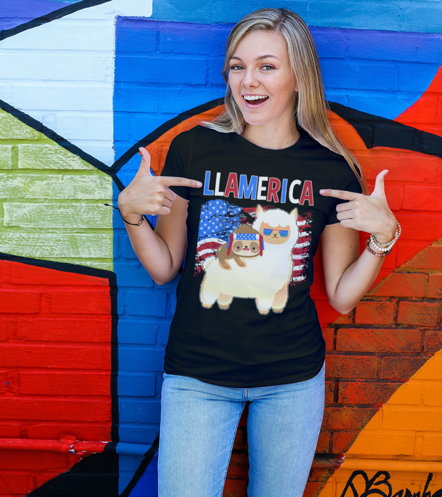 Llamerica Patriotic Llama Sloth 4th Of July USA Flag T-Shirt