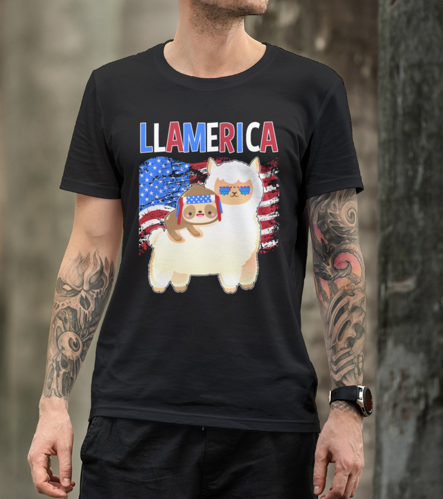 Llamerica Patriotic Llama Sloth 4th Of July USA Flag T-Shirt