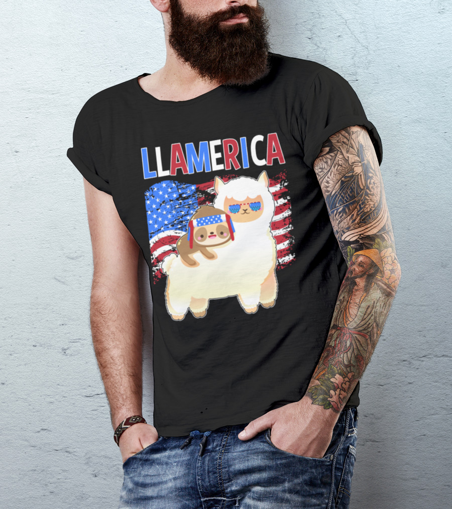 Llamerica Patriotic Llama Sloth 4th Of July USA Flag T-Shirt
