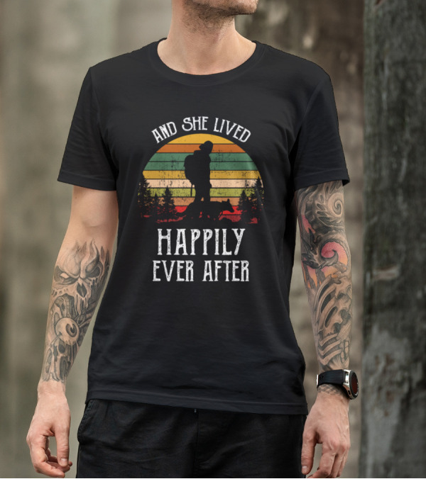 And She Lived Happily Ever After Retro Hiking And Dog Silhouette Sunburst T-Shirt