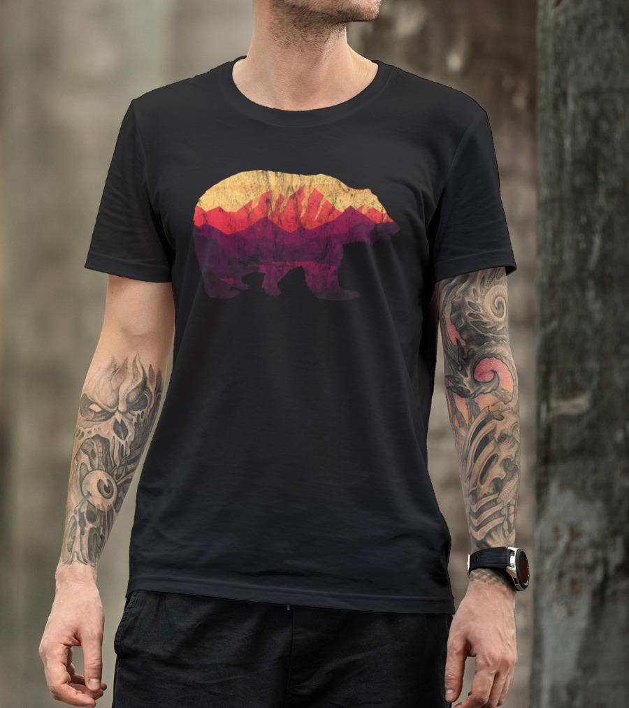 Bear Silhouette With Sunset Mountains And Forest Scene T-Shirt