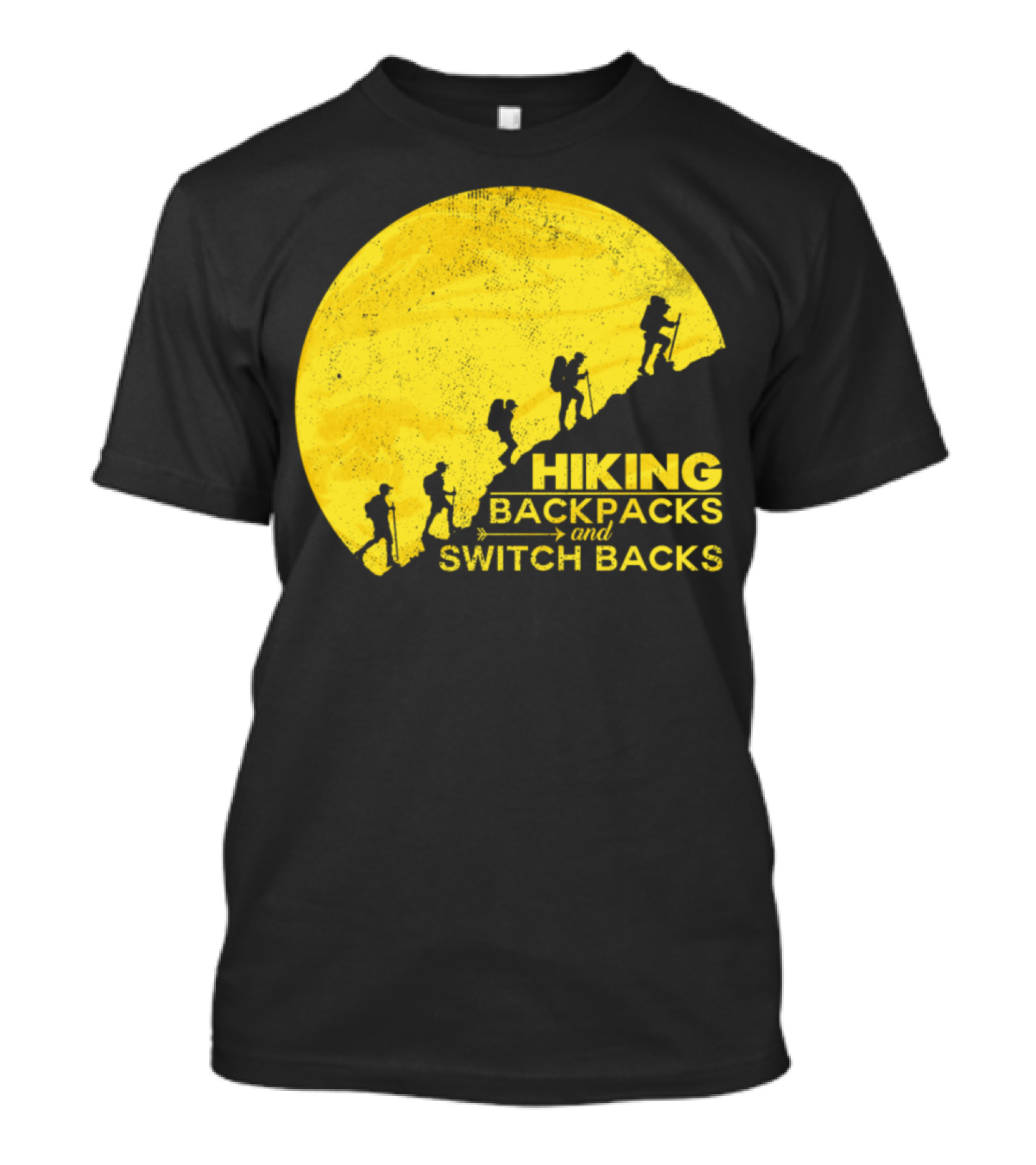 Hiking Backpacks And Switch Backs Silhouetted Climbers Against Yellow Sun T-Shirt