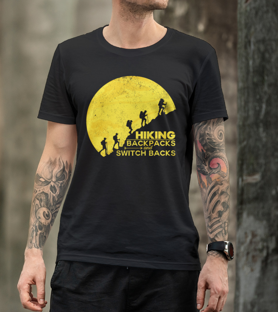 Hiking Backpacks And Switch Backs Silhouetted Climbers Against Yellow Sun T-Shirt