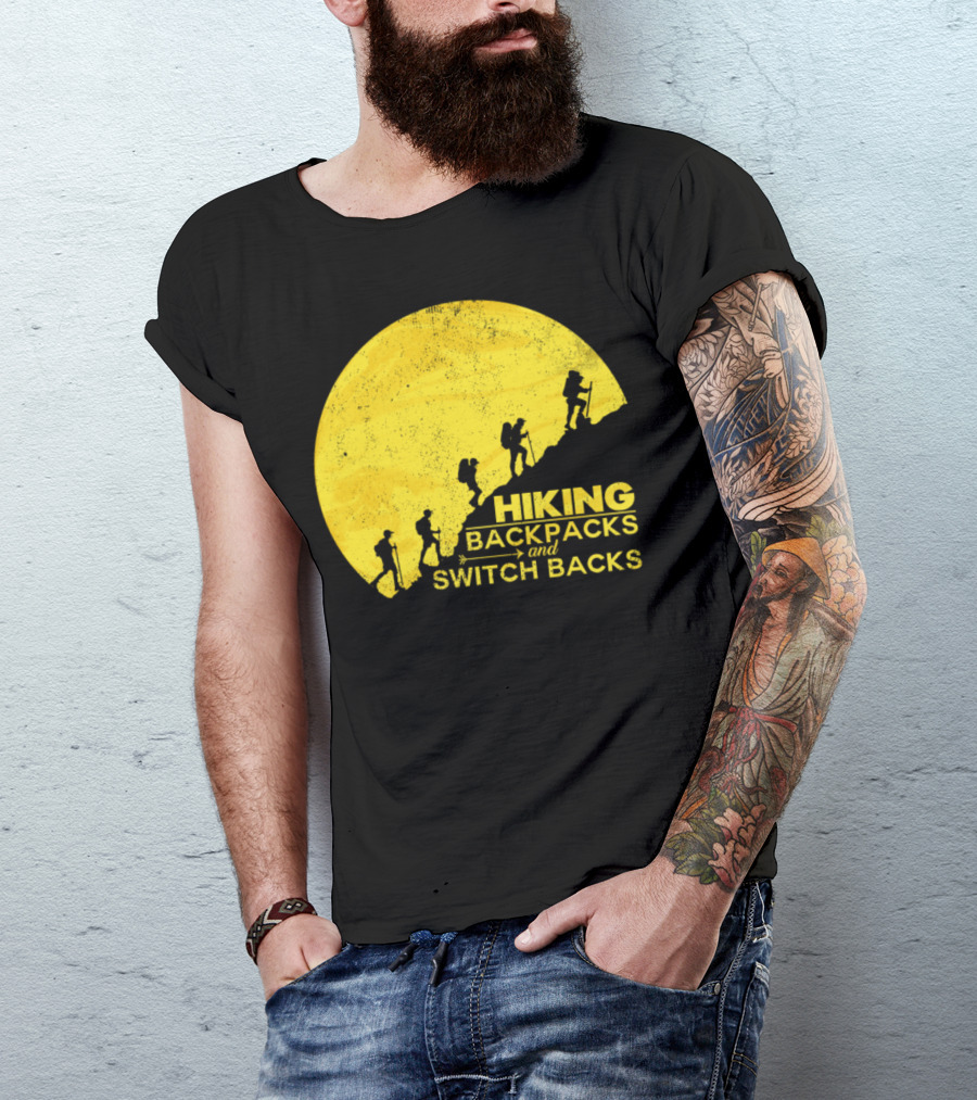 Hiking Backpacks And Switch Backs Silhouetted Climbers Against Yellow Sun T-Shirt