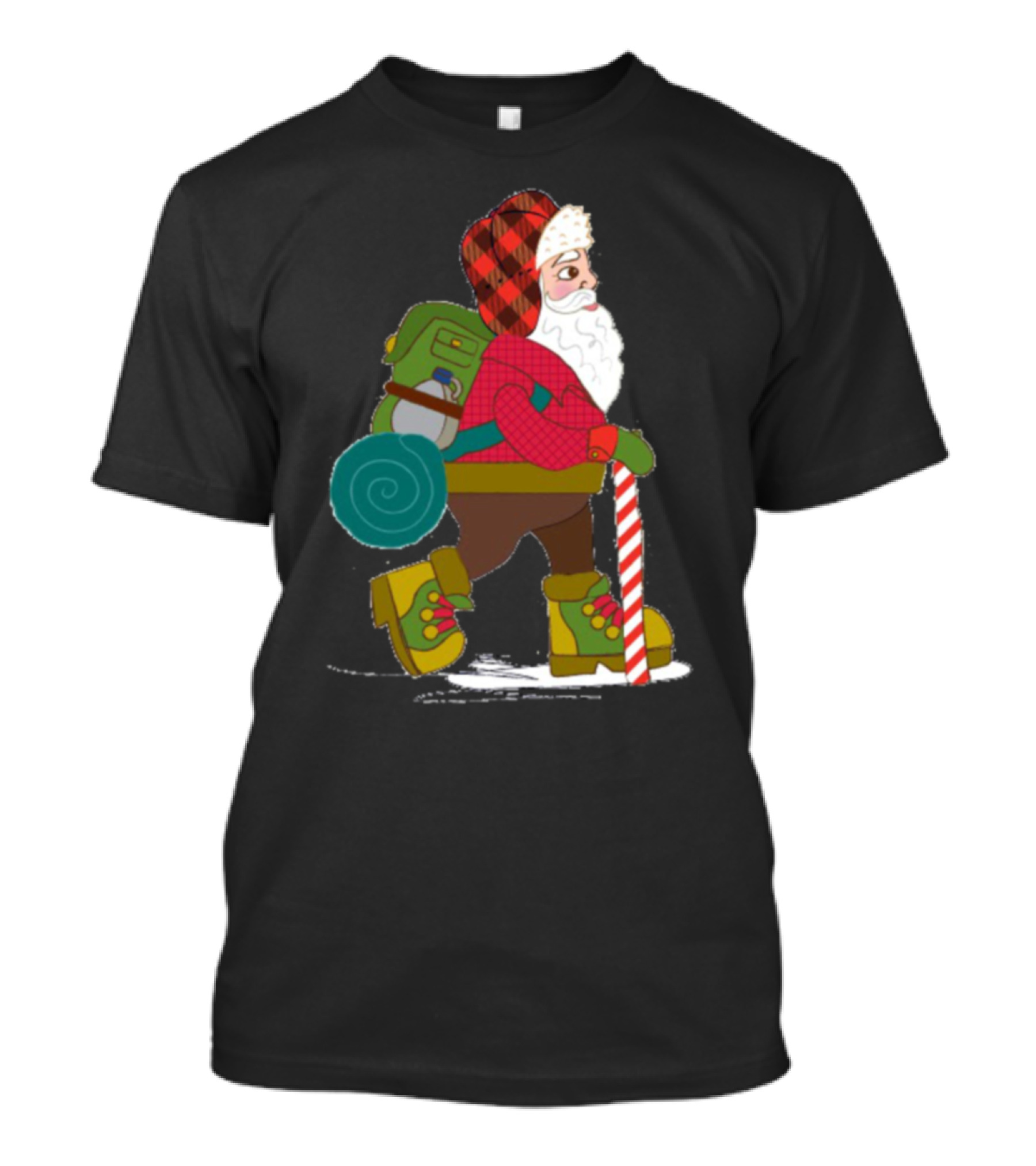 Hiking Santa With Candy Cane Walking Stick And Backpack On Adventure Trek T-Shirt