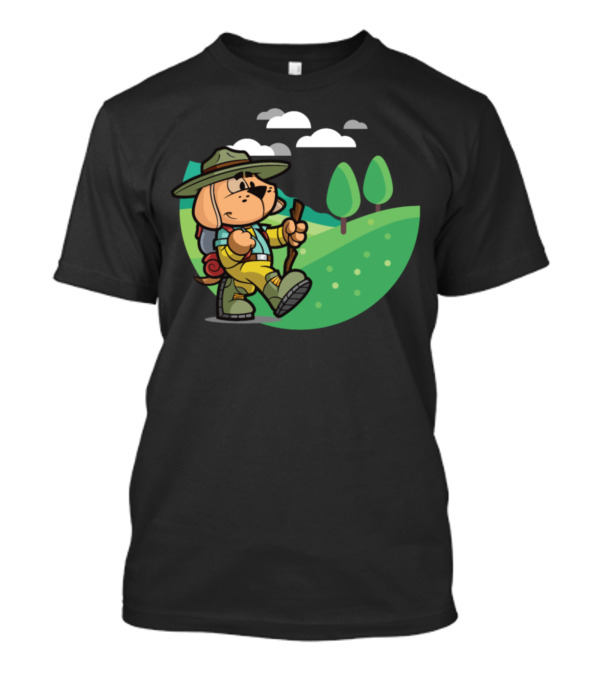 Adventurous Hiking Dog With Walking Stick And Backpack In Scenic Landscape T-Shirt