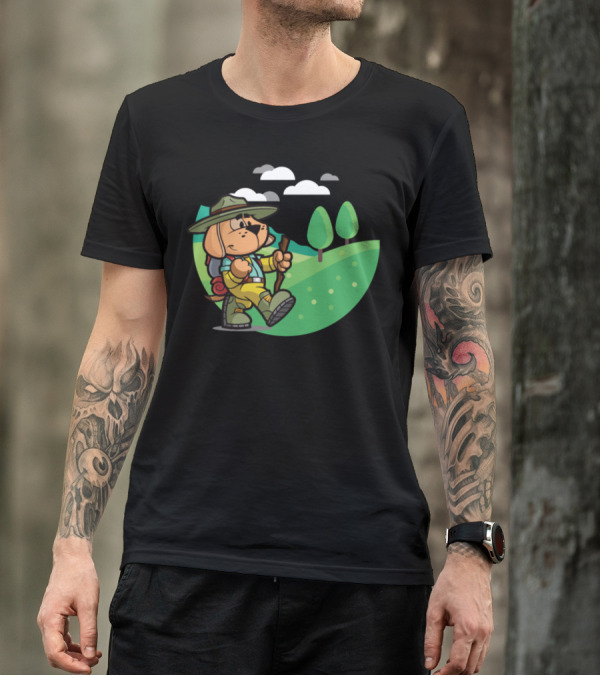 Adventurous Hiking Dog With Walking Stick And Backpack In Scenic Landscape T-Shirt