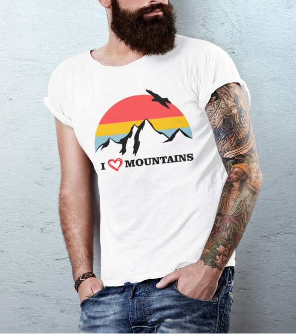 I Love Mountains With Sunset Panorama And Eagle T-Shirt