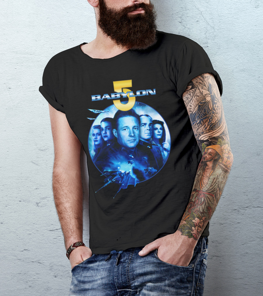 Babylon 5 Science Fiction Series Characters And Spaceship T-Shirt