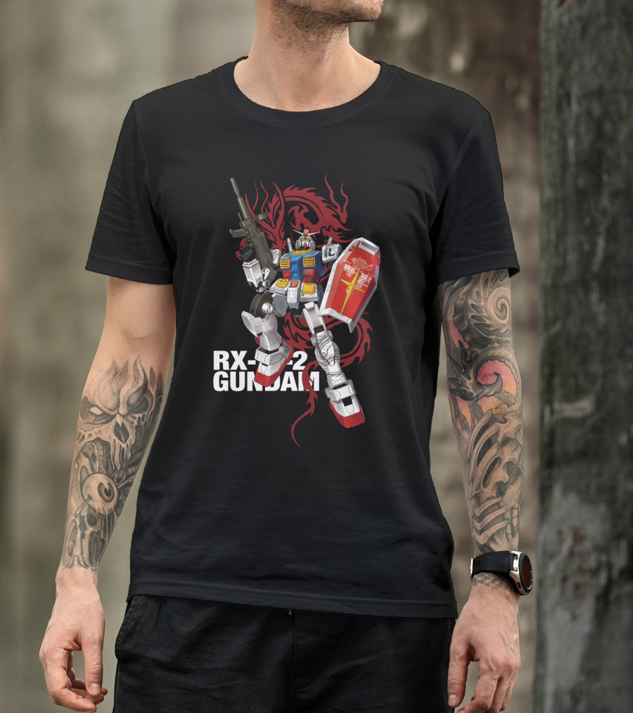 RX 78 2 Gundam Mobile Suit With Red Dragon Background T-Shirt