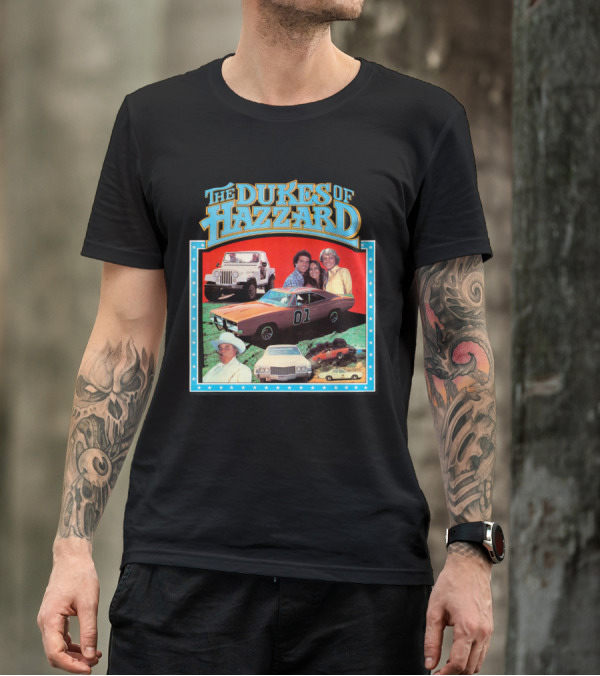 The Dukes Of Hazzard 01 Car And Characters With Jeep And Cowboy Hat T-Shirt