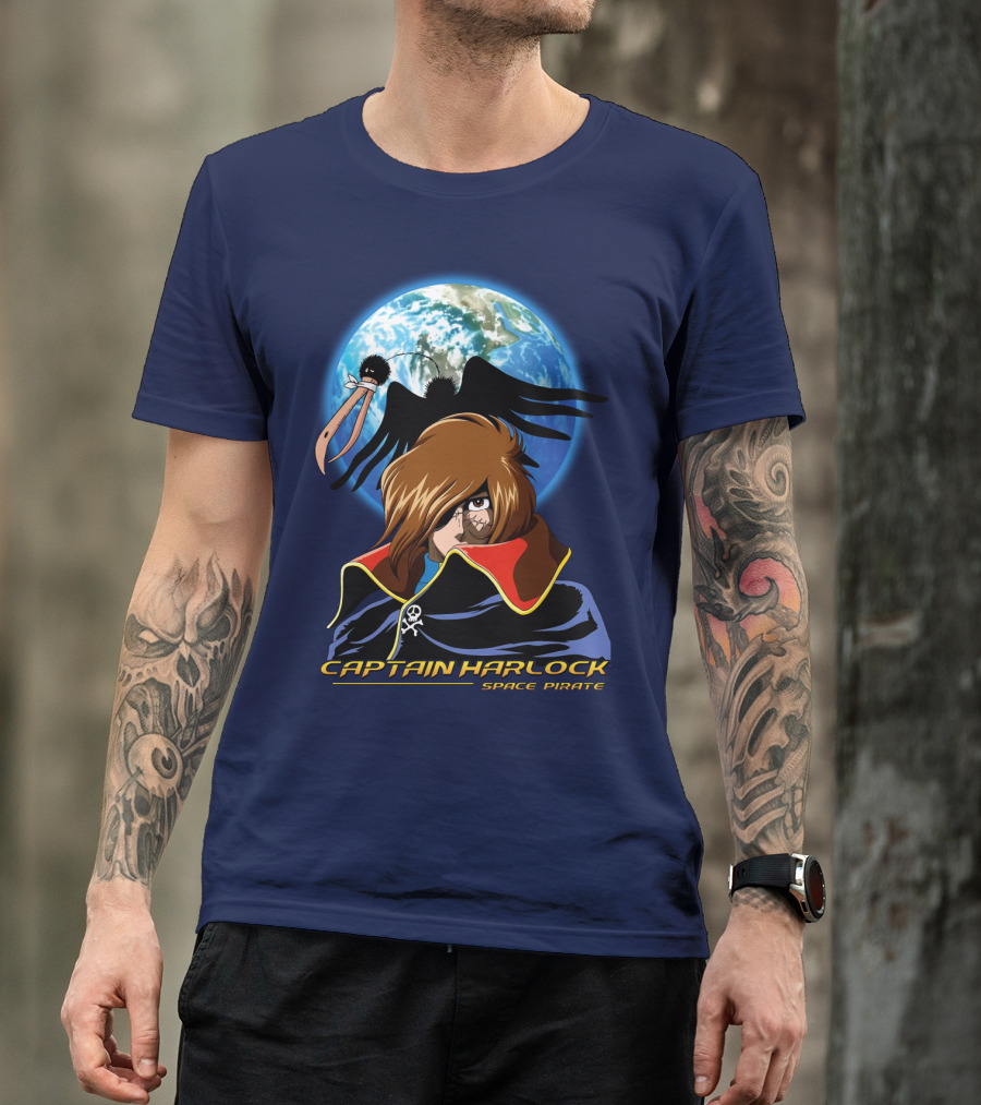 Captain Harlock Space Pirate Anime Icon With Earth And Black Bird T-Shirt