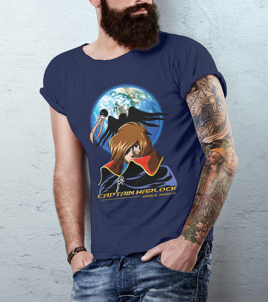 Captain Harlock Space Pirate Anime Icon With Earth And Black Bird T-Shirt