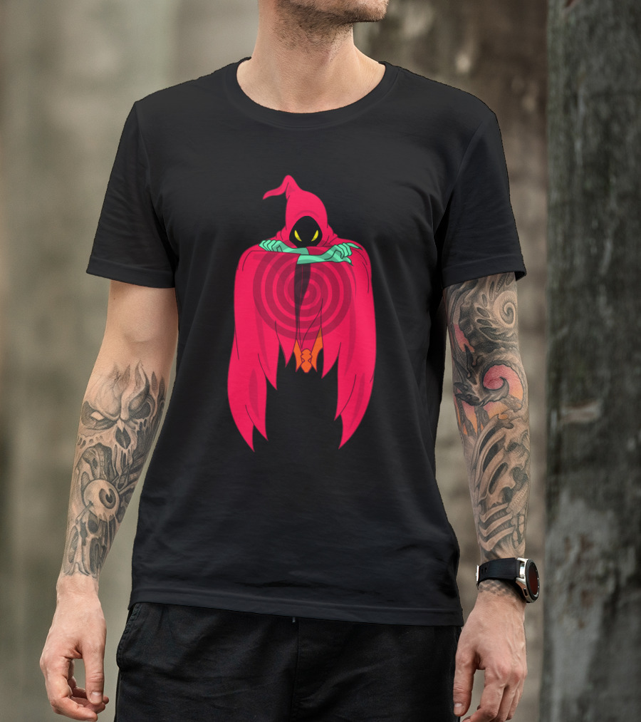Shadow Weaver Enigmatic Hooded Phantom With Red Cape And Yellow Eyes T-Shirt