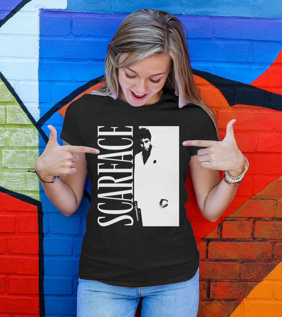 Scarface White Suit Black Background Iconic Movie Image T-Shirt