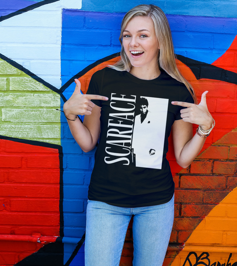 Scarface White Suit Black Background Iconic Movie Image T-Shirt