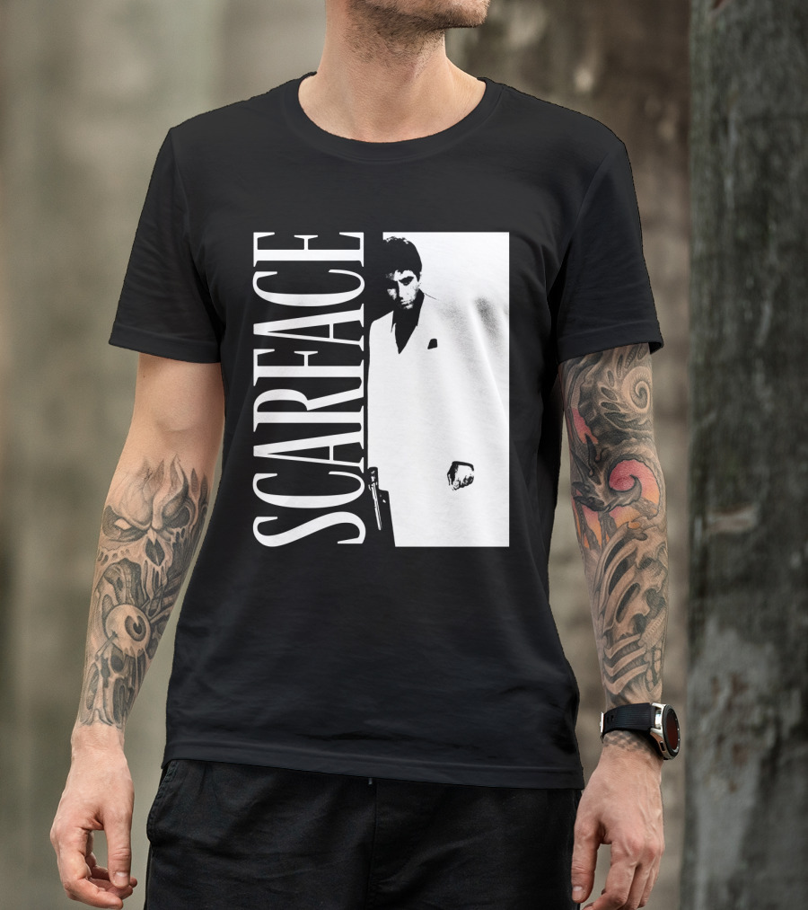 Scarface White Suit Black Background Iconic Movie Image T-Shirt