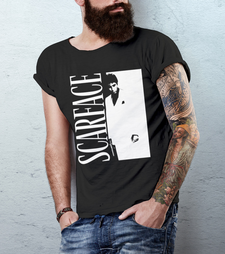 Scarface White Suit Black Background Iconic Movie Image T-Shirt