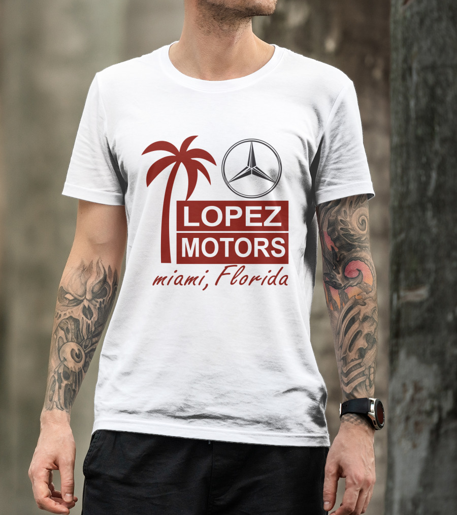 Lopez Motors Miami Florida Scarface Palm Tree Mercedes Benz Star T-Shirt