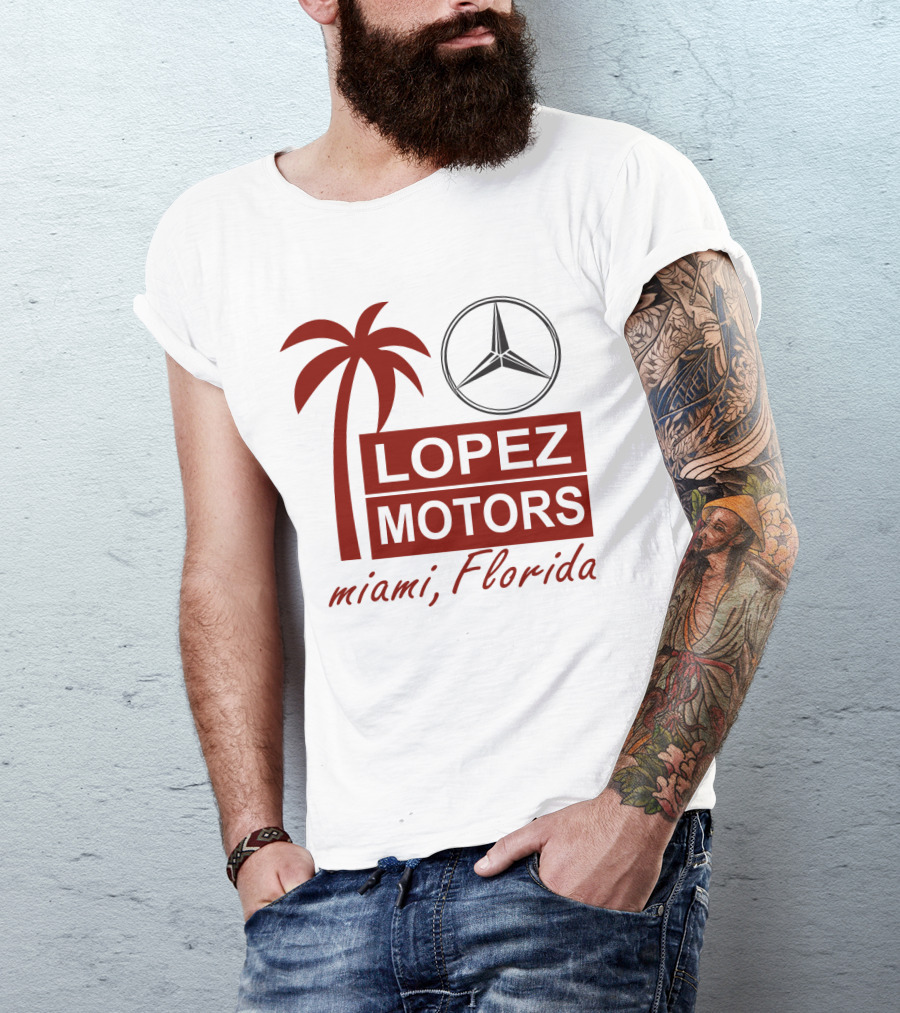 Lopez Motors Miami Florida Scarface Palm Tree Mercedes Benz Star T-Shirt