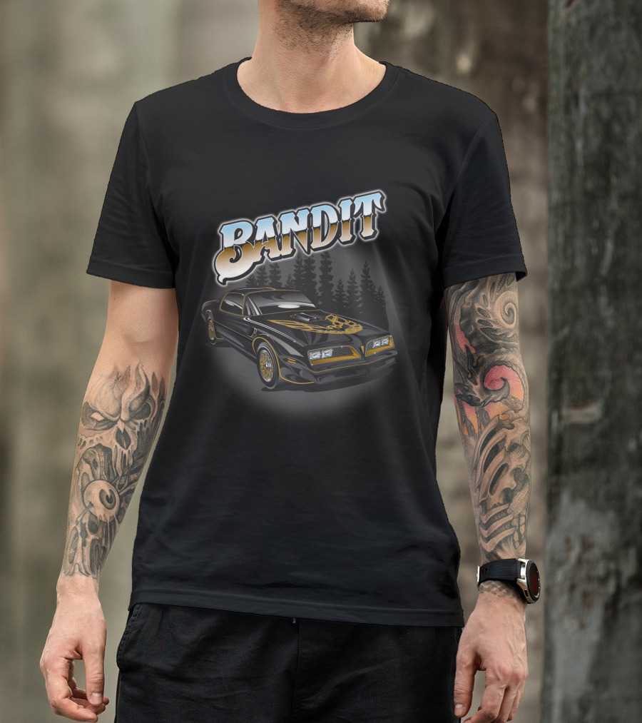BANDIT Car With Golden Hood Decal And Pine Forest Background T-Shirt