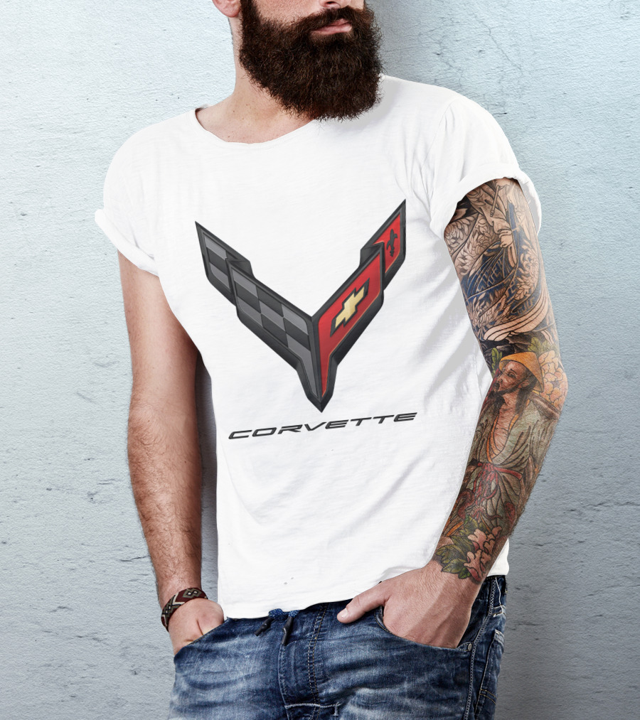 Chevrolet Corvette Emblem With Checkered And Cross Flags T-Shirt