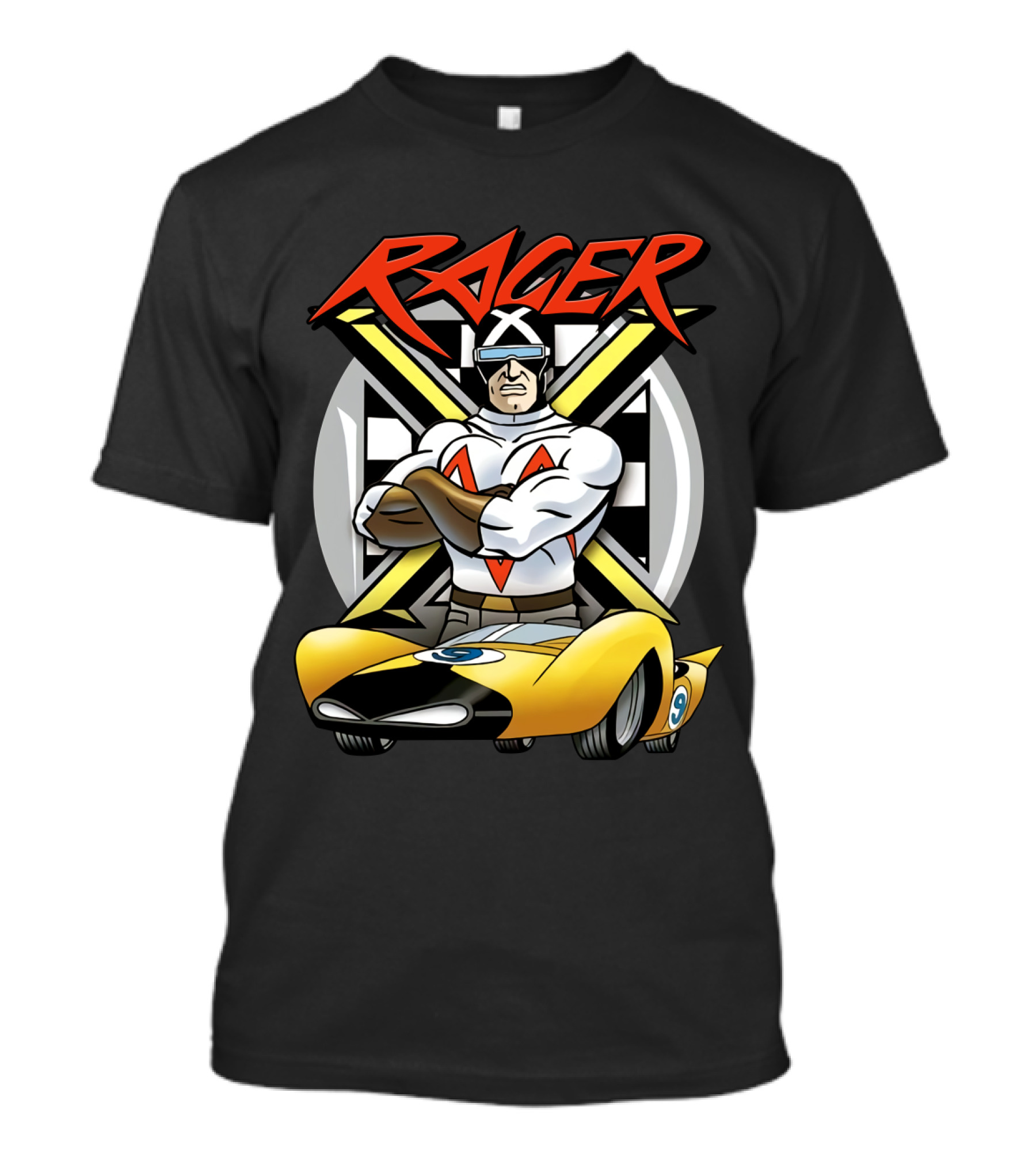 Racer Speed Racer Character With Yellow Car And Checkered Flag Background T-Shirt