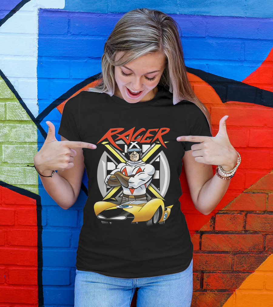 Racer Speed Racer Character With Yellow Car And Checkered Flag Background T-Shirt