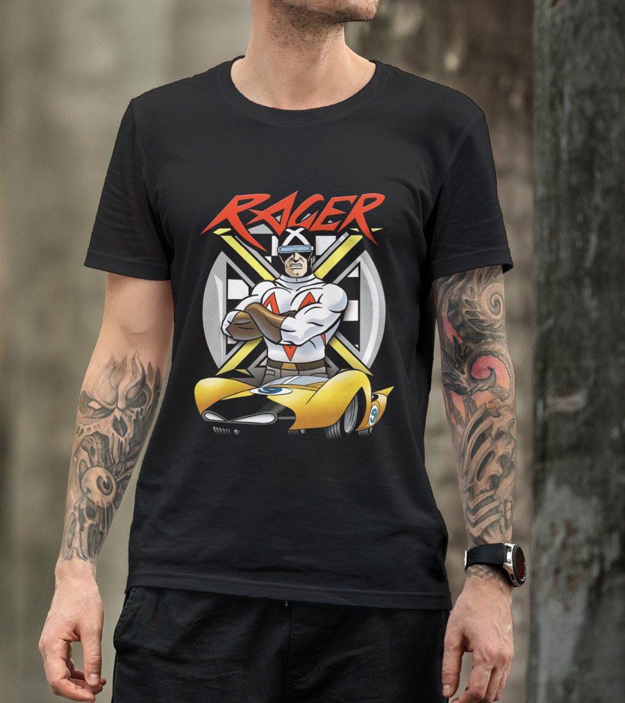 Racer Speed Racer Character With Yellow Car And Checkered Flag Background T-Shirt