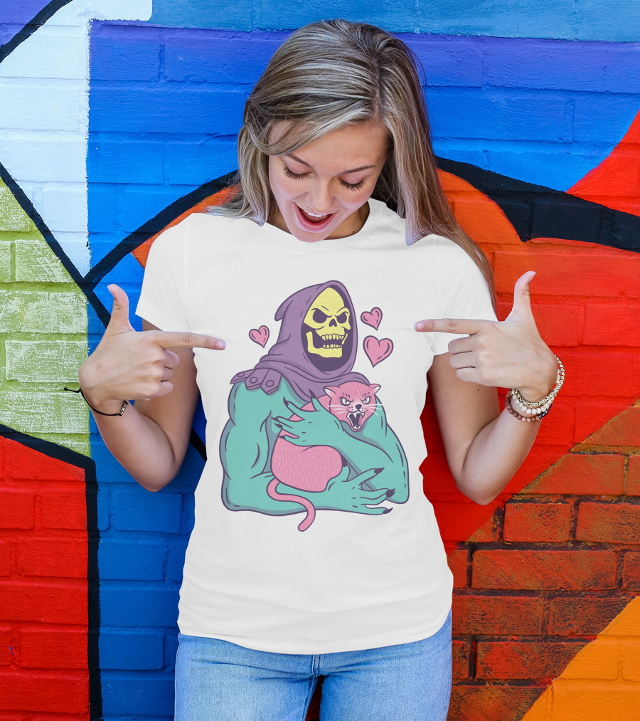 Skeletor Holding Pink Cat With Hearts T-Shirt