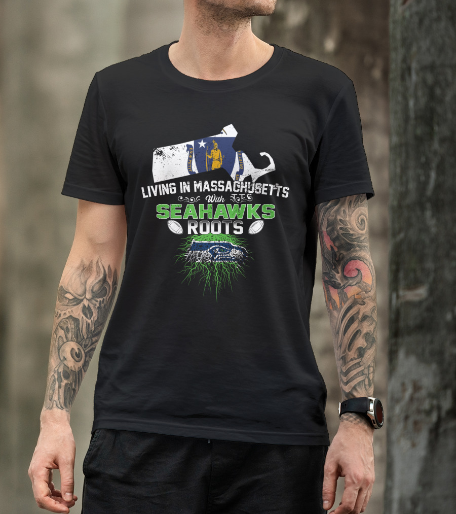 Living In Massachusetts With Seahawks Roots Massachusetts Flag Logo Football T-Shirt