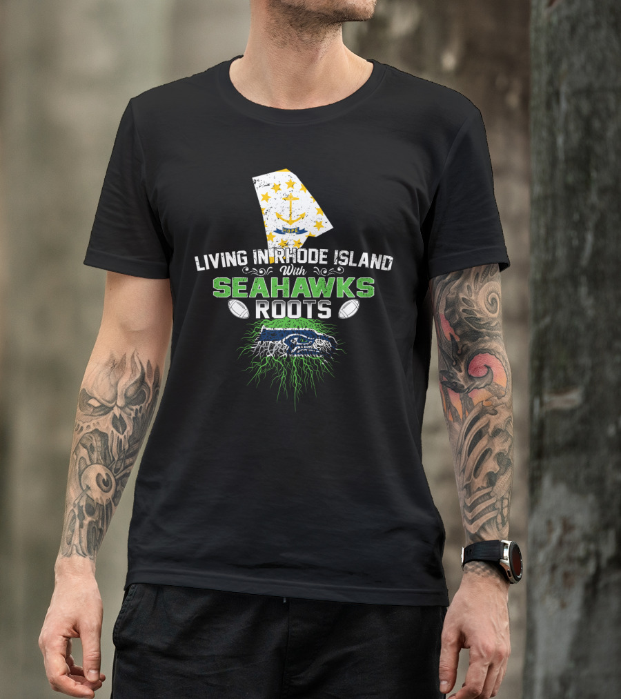 Living In Rhode Island With Seahawks Roots Featuring Rhode Island Flag And Fierce Seahawk Emblem T-Shirt
