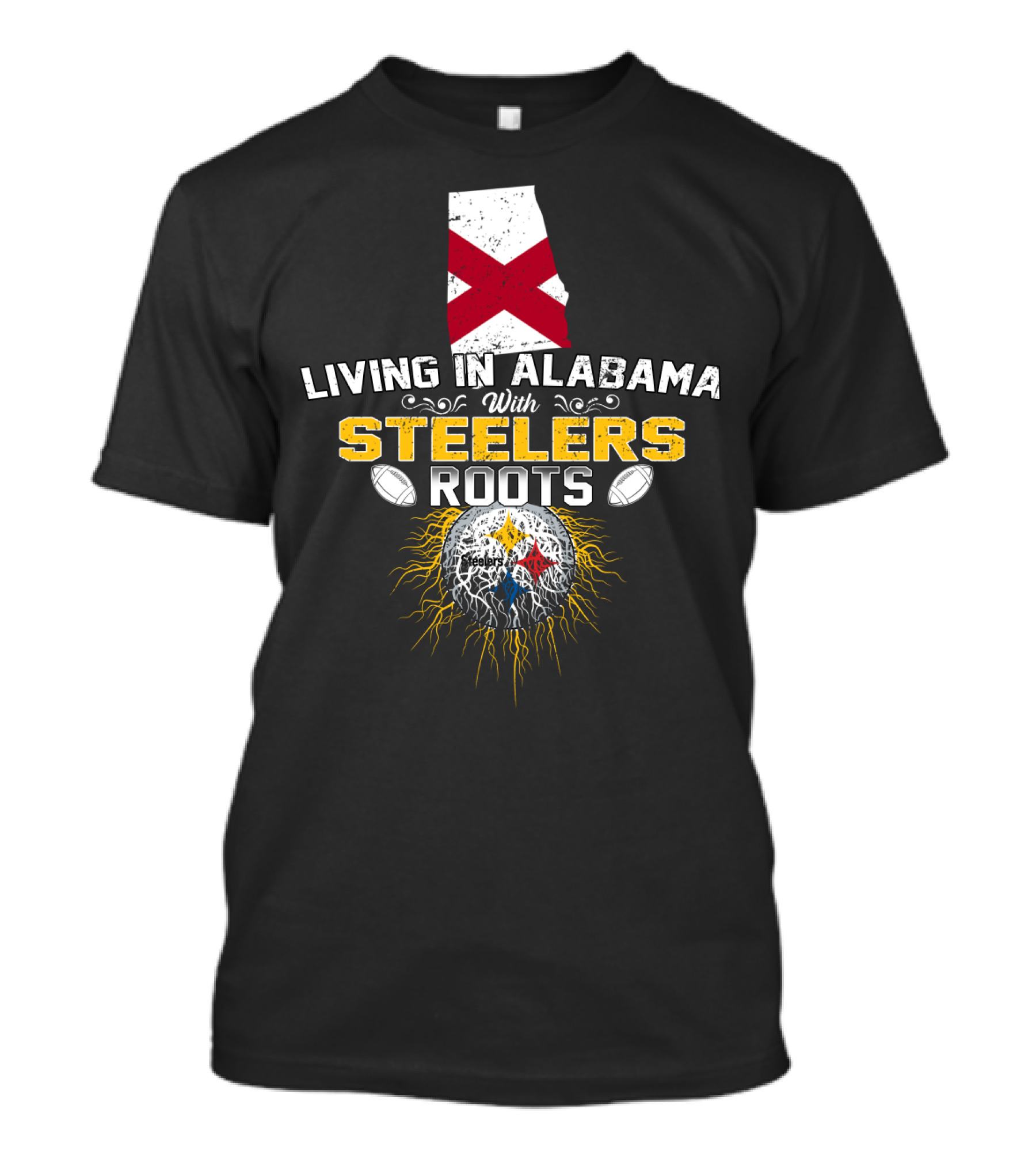 Living In Alabama Embracing STEELERS Roots With State Flag And Football Elements T-Shirt