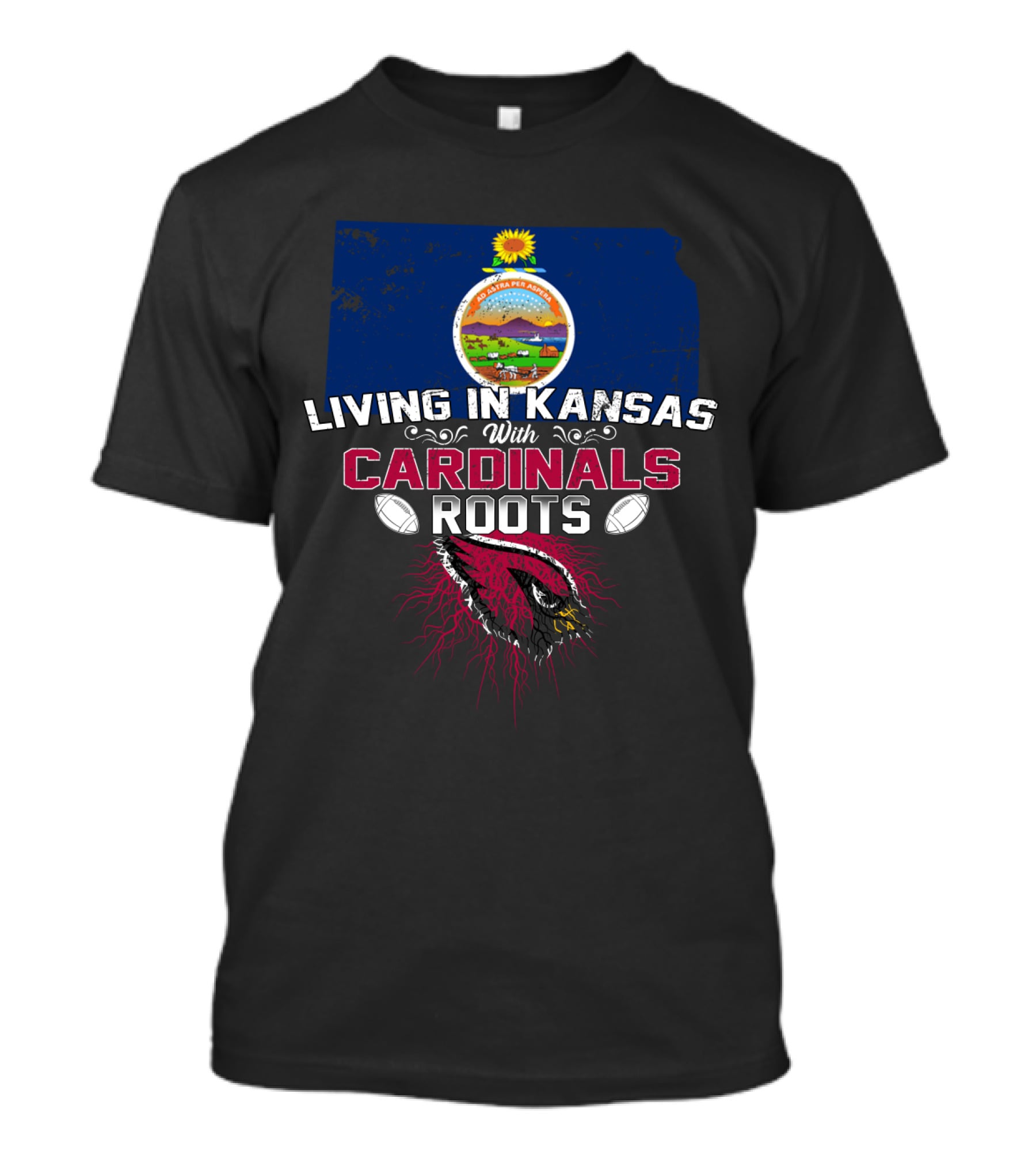 Living In Kansas With Cardinals Roots Kansas State Sunflower Emblem Football Connection T-Shirt