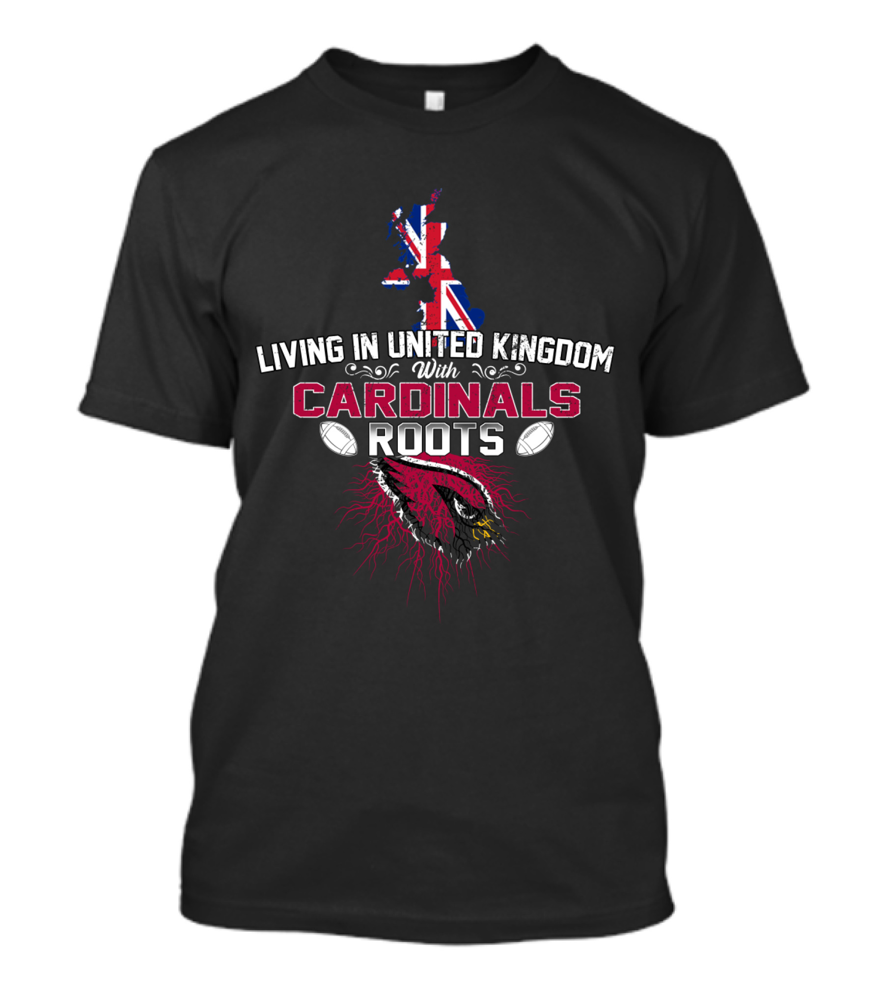 Living In United Kingdom With Cardinals Roots Union Jack Map And American Football Graphics T-Shirt