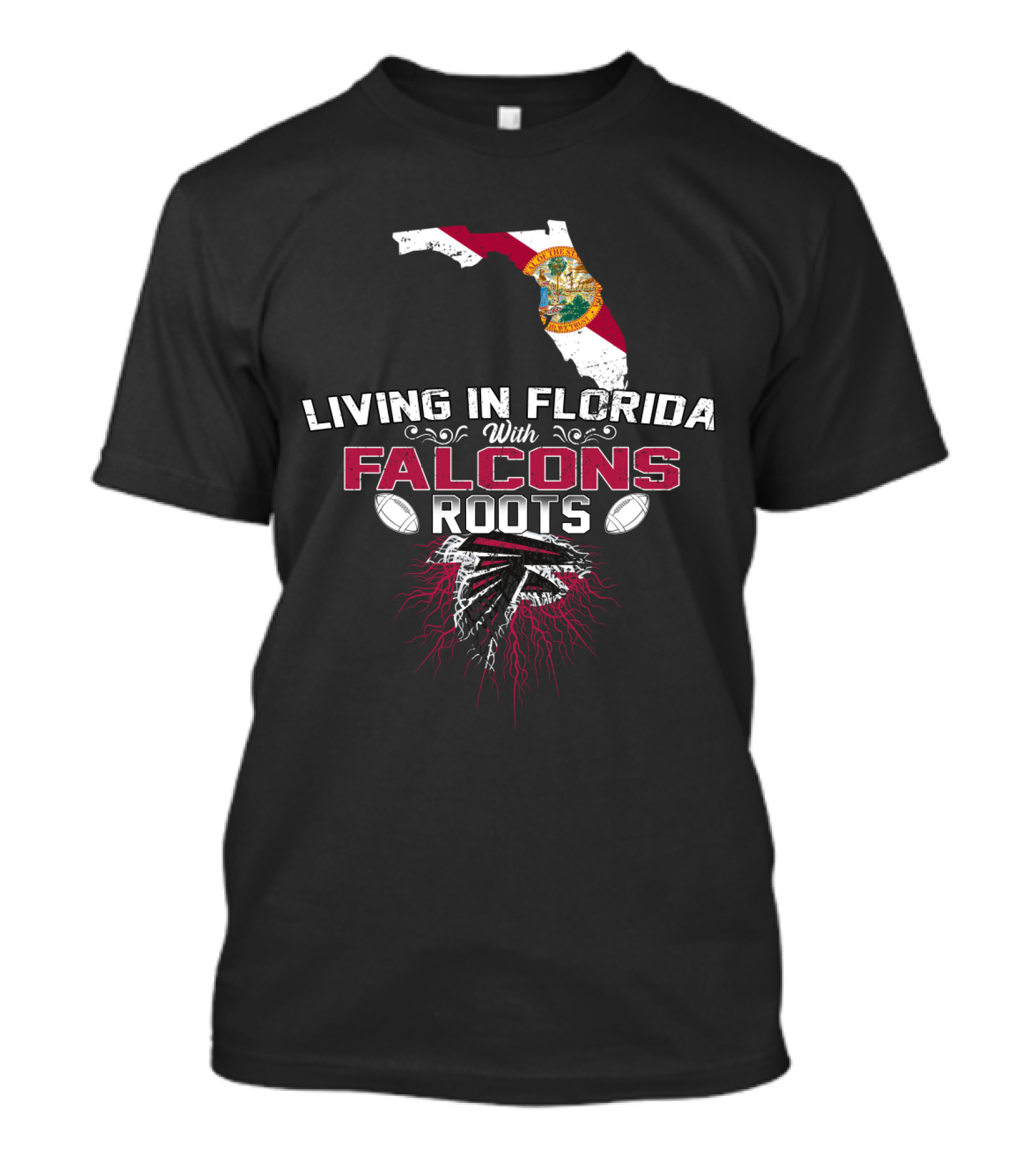 Living In Florida With Falcons Roots State Map And Football Graphics T-Shirt