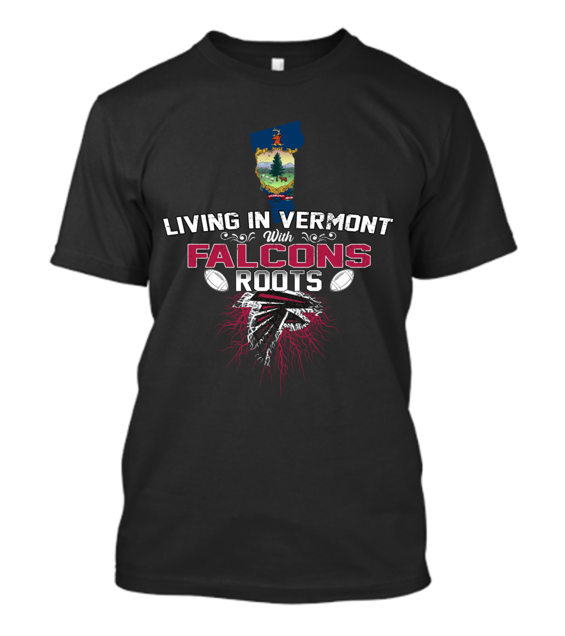 Living In Vermont With Atlanta Falcons Roots And Vermont State Outline T-Shirt
