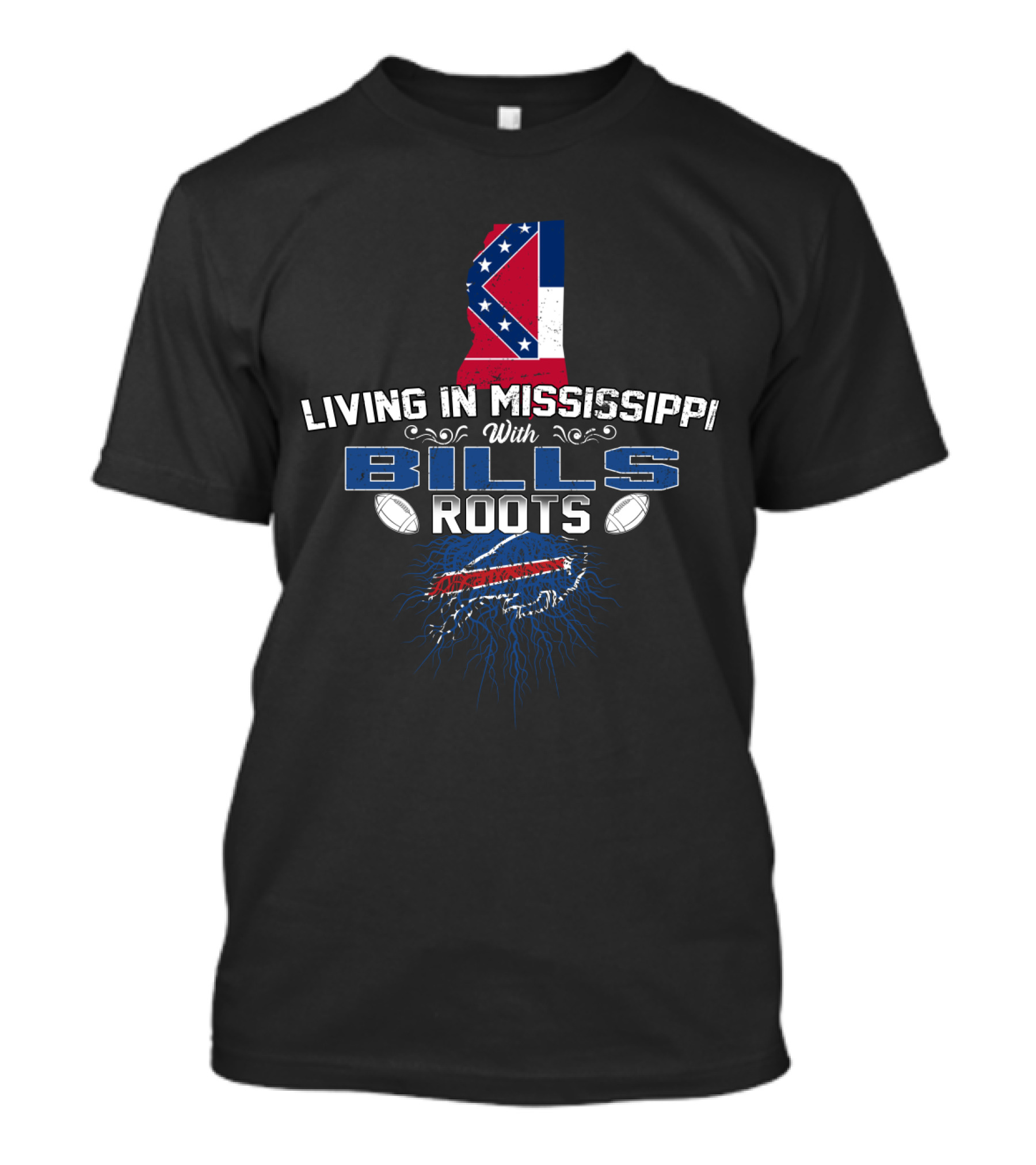 Living In Mississippi With Buffalo Bills Roots And State Flag T-Shirt
