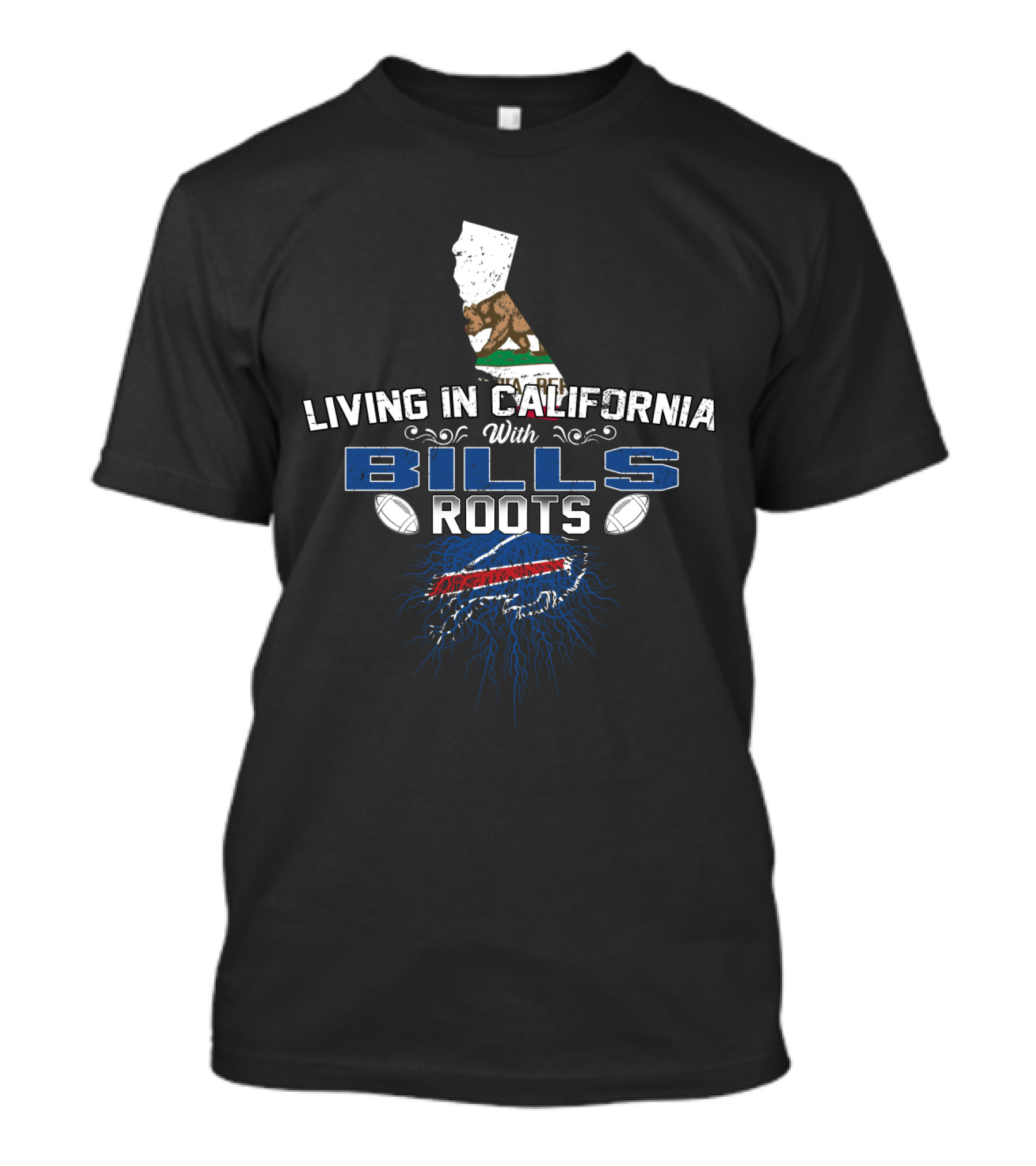 Living In California With Buffalo Bills Roots NFL Logo And California Flag Map T-Shirt
