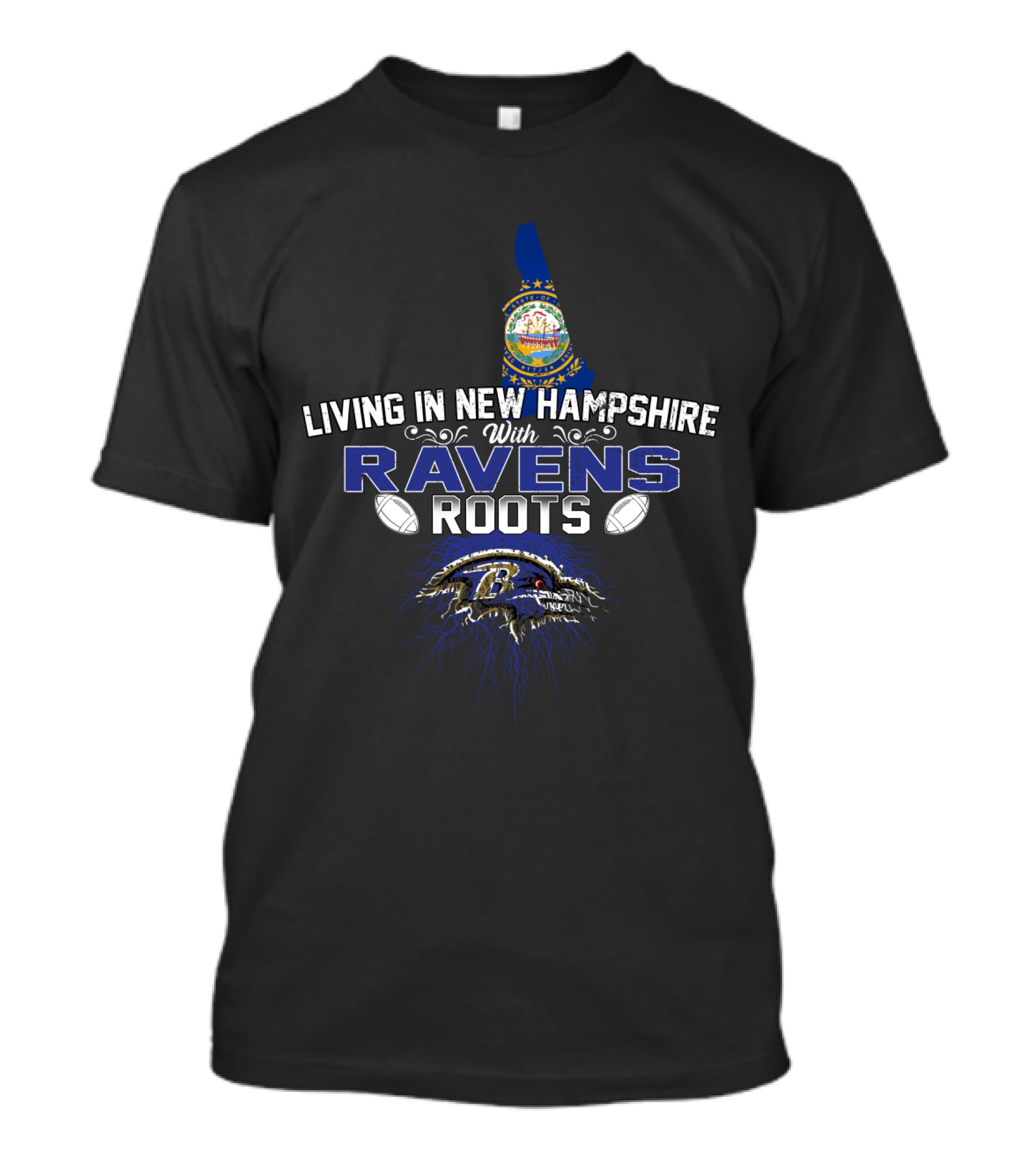 Living In New Hampshire With Ravens Roots Baltimore Football Fan Map Edition T-Shirt