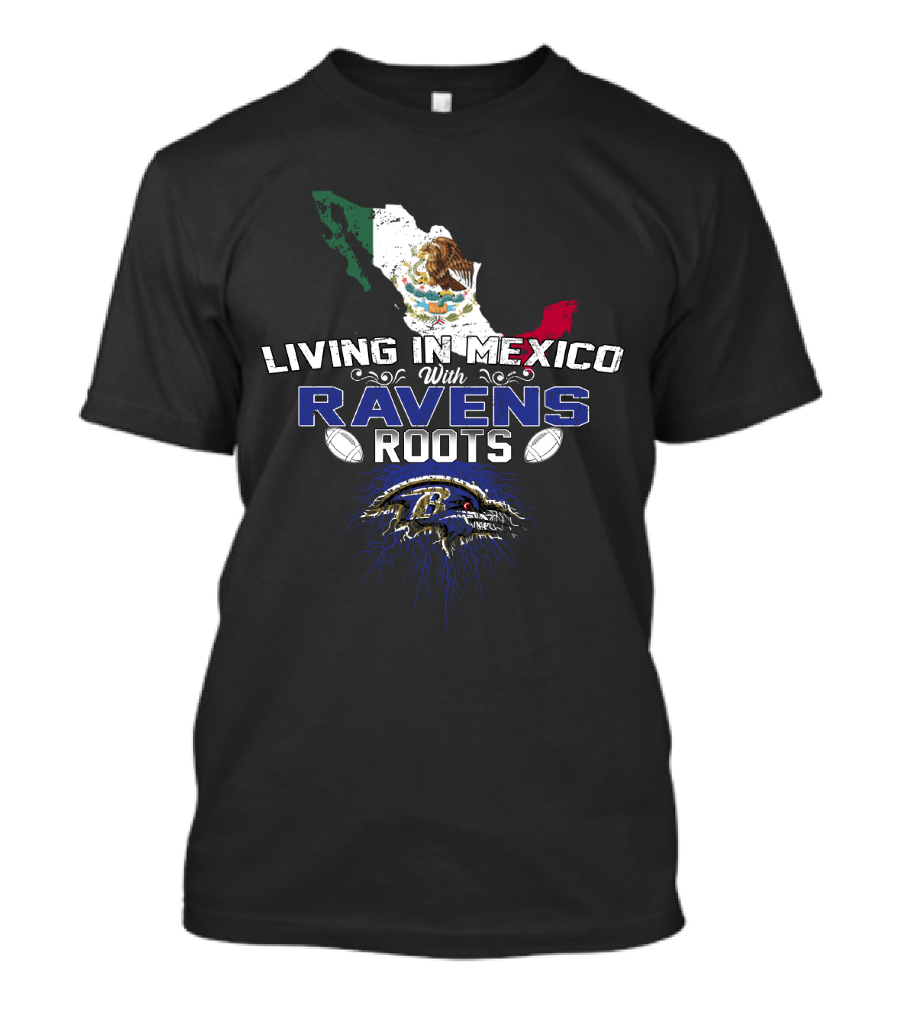 Living In Mexico With Ravens Roots NFL Football Map T-Shirt