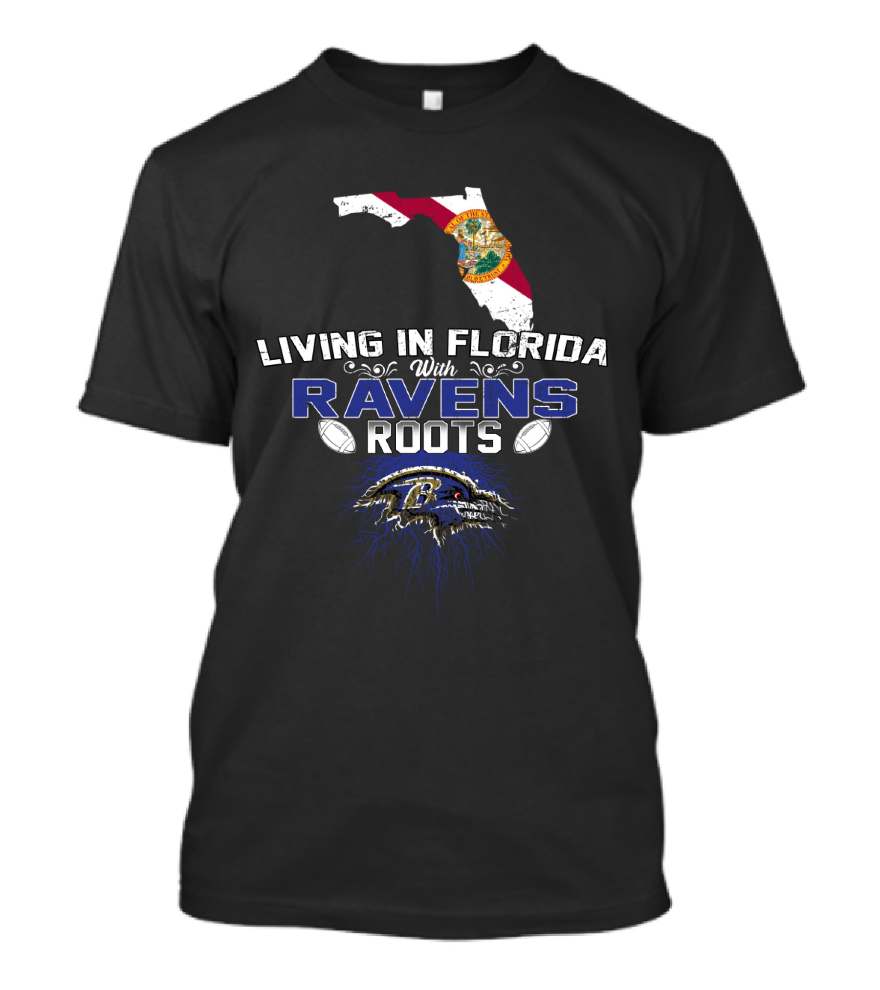 Living In Florida With Ravens Roots Baltimore Football Fan Map T-Shirt