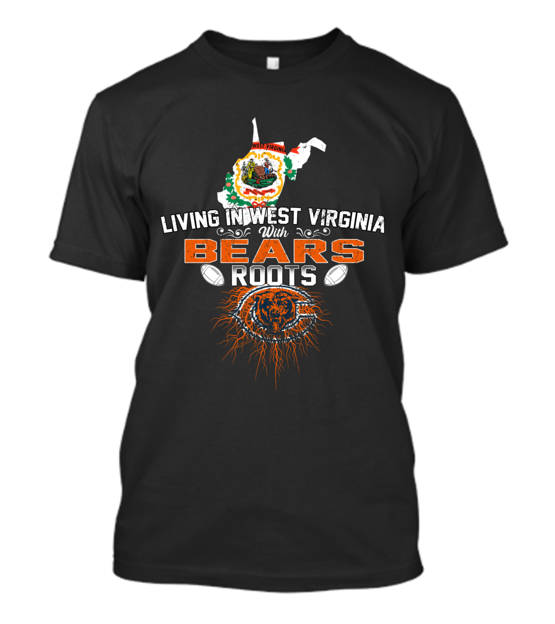 Living In West Virginia With Bears Roots Featuring Chicago Bears Logo And State Outline T-Shirt