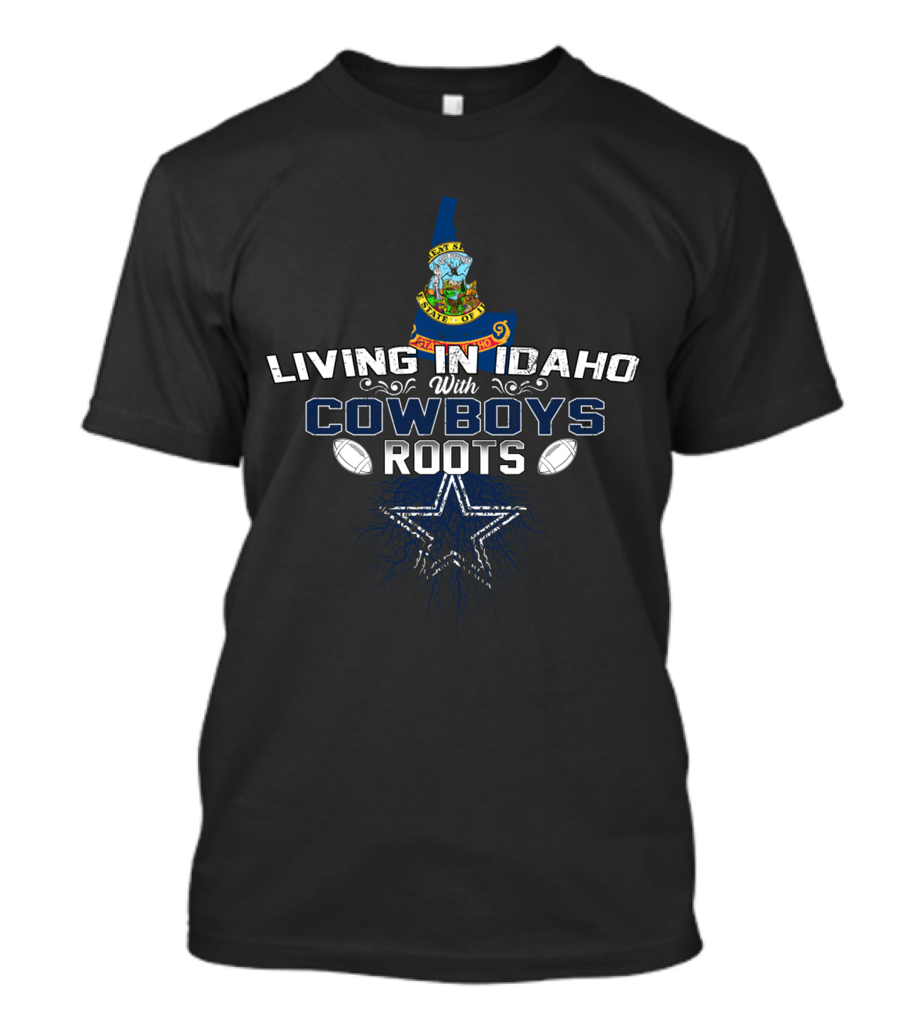 Living In Idaho With Cowboys Roots Emblem Football Star Map T-Shirt