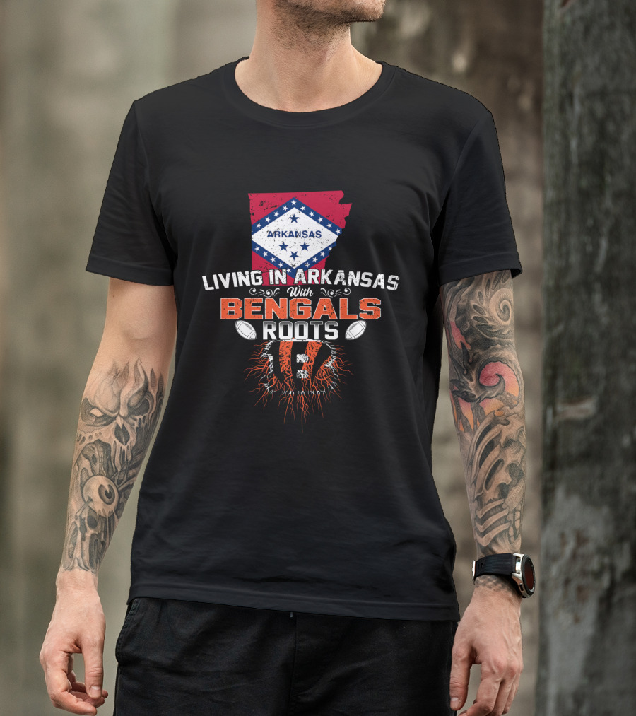 Living In Arkansas With Bengals Roots Football Graphic State Outline Flag T-Shirt