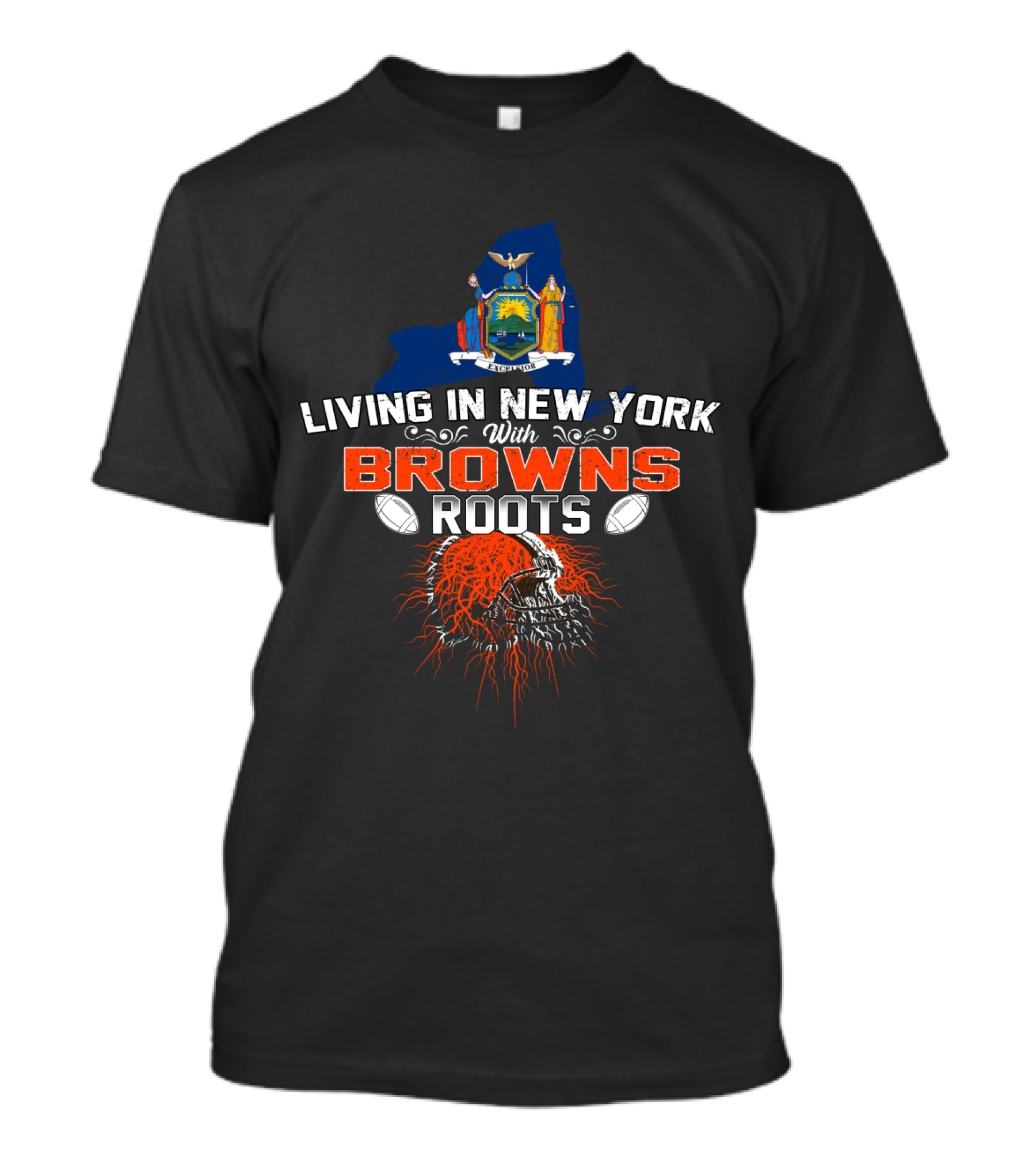 Living In New York With Browns Roots New York State Map And Football Helmet Roots T-Shirt
